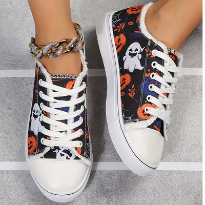 Halloween Ghost and Pumpkin Pattern Women's Canvas Shoes - Lightweight, Comfortable, and Stylish