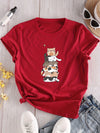 Stylish and Casual: Women's Cat Print Crew Neck T-Shirt - A Must-Have for Spring/Summer Fashion!