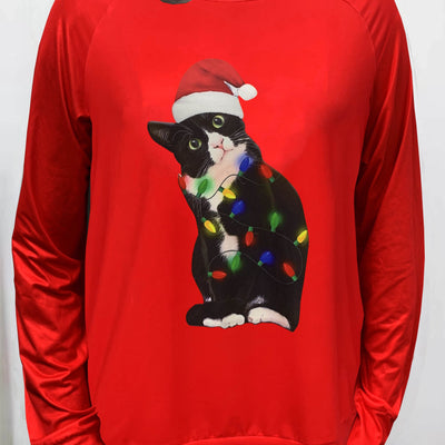 Plus Size Christmas Top: Women's Festive Hat & Cat Print Long Sleeve Round Neck Medium Stretch Tshirt