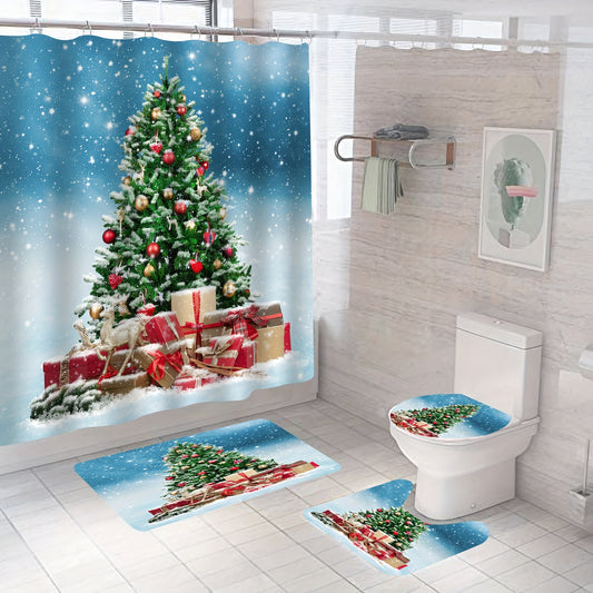 Transform your bathroom decor into a festive wonderland with this 4-piece Merry Christmas shower curtain set. Featuring pine tree, Xmas ball, winter snow scene, and white snowflake patterns, it adds an elegant holiday touch and provides a complete bathroom accessory set for Christmas decor.