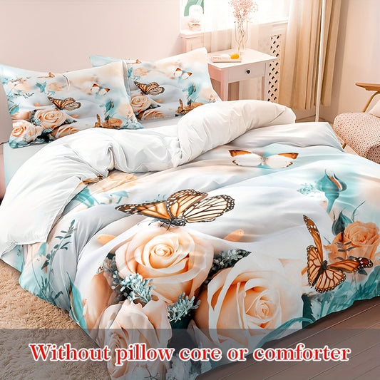 Floral Elegance: 3-Piece Botanical Duvet Cover Set with Rose Flower and Butterfly Print for Bedroom Decor - Includes 1 Duvet Cover and 2 Pillowcases (No Core)