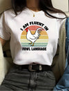 Cluck and Letter: Trendy Chicken Print Crew Neck T-Shirt for Women's Casual Spring/Summer Wardrobe