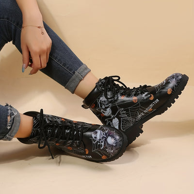 Halloween Pumpkin Pattern Mid-Calf Boots: Wear-Resistant & Non-Slip Chunky Heeled Boots - Women's Footwear