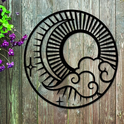 Radiate Celestial Elegance with the Sun, Moon, and Stars Metal Art: An Exquisite Addition to Your Outdoor Haven