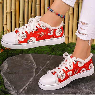 Cozy and Festive: Women's Santa Claus Print Lace-Up Canvas Shoes for a Comfy Christmas