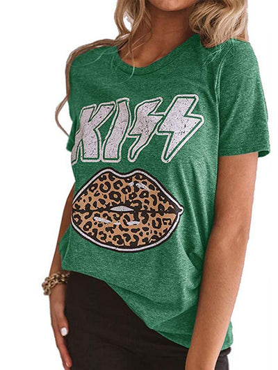 Vintage Leopard Lips Print T-shirt, Retro Short Sleeve Crew Neck T-shirt, Casual Every Day Tops, Women's Clothing