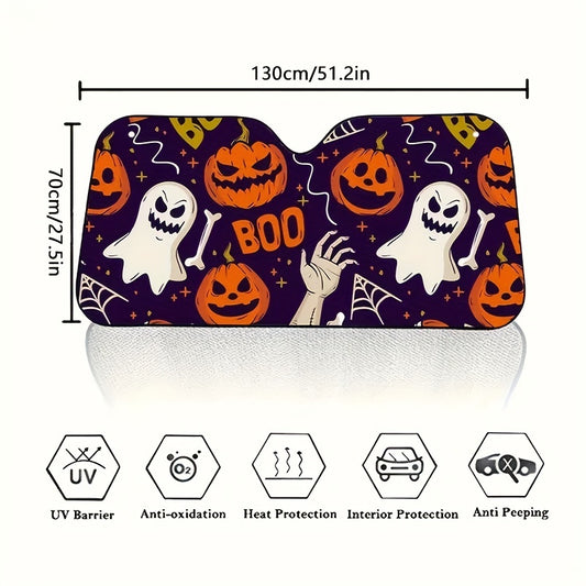 Halloween-themed Car Windshield Sunshade: Protect Your Vehicle from UV Rays with Pumpkin and Ghost Prints
