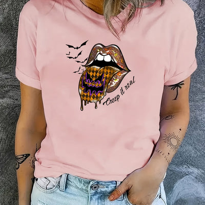 Halloween Bat Graphic and Lips Print Casual Sports T-Shirt - Perfect Women's Summer Tops!