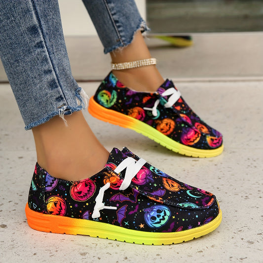 These Colorful Pumpkin & Bat Pattern Women's Canvas Shoes are expertly designed to combine comfort and style. They feature a casual lace-up system, lightweight construction, and low top silhouette for a look that is perfect for Halloween. This unique design is a great way to start the fall season.