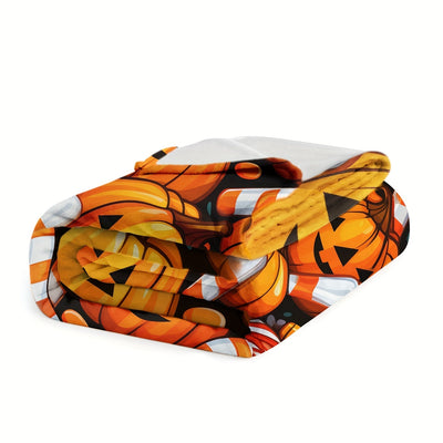 Cozy Pumpkin and Candy Print Flannel Blanket: The Perfect Halloween Holiday Gift for All Ages