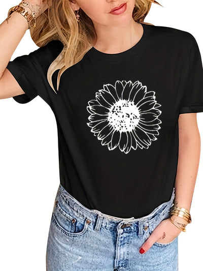 Sunflower Bliss: A Stylish and Comfortable Casual Crew Neck Short-Sleeve Summer T-Shirt for Women