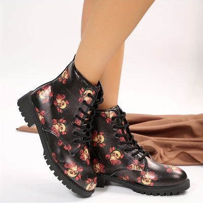 Rose Skull Combat Boots: Edgy & Stylish Halloween Ankle Boots for Women