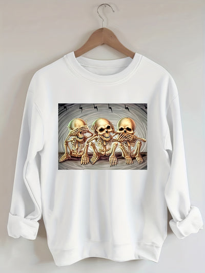 Skull Pattern Plus Size Halloween Sweatshirt: Casual and Stylish Women's Round Neck Long Sleeve Sweatshirt