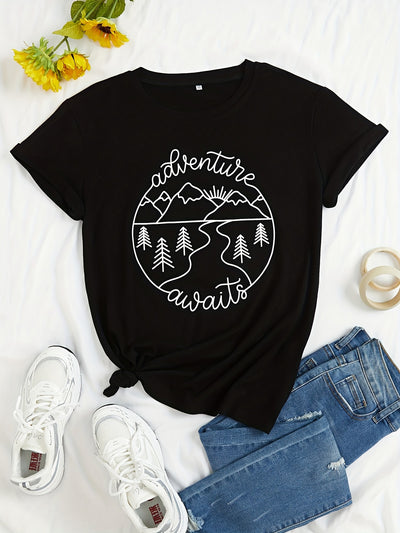 Mountain Prints: Stylish Crew Neck T-Shirt for Women - Perfect for Spring/Summer