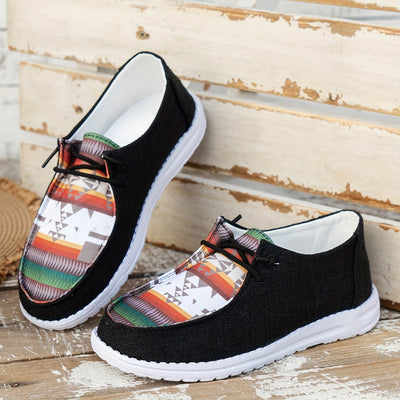 Geometric Design Canvas Shoes for Women - Low Top Lace Up Flat Sneakers for Casual Wear