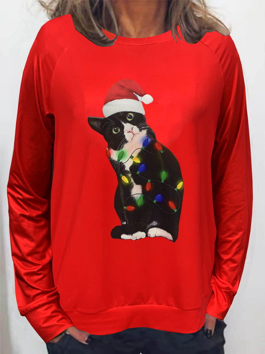 This Plus Size Christmas Top offers festive flair with its unique cat and hat print. The long-sleeved shirt is made with medium stretch material, has a round neckline, and is perfect for the season. Make sure to stand out this holiday!