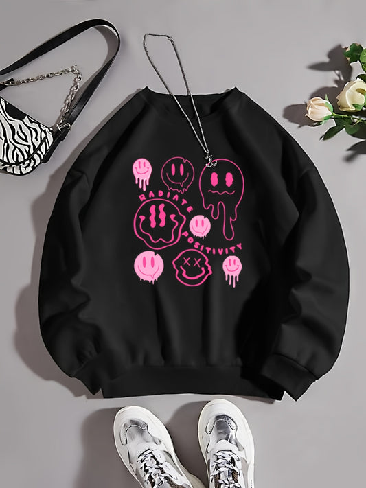 This Women's Pink Smile Print Crew Neck Sweatshirt is perfect for fall and winter. Crafted from a luxurious cotton blend, this cozy sweatshirt features a stylish crew neckline, long sleeves, and a vibrant eye-catching print for a fashionable yet practical look. Keep warm and stylish this season with this versatile, must-have piece.