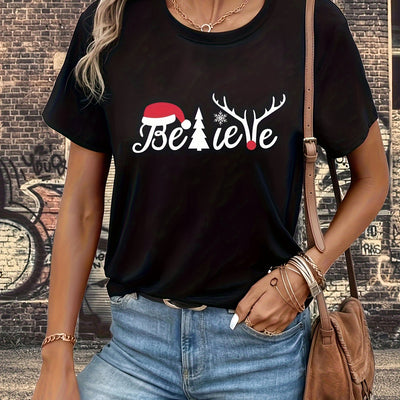 Santa Hat and Letter Print T-Shirt: A Festive and Stylish Casual Top for Spring/Summer Women's Clothing