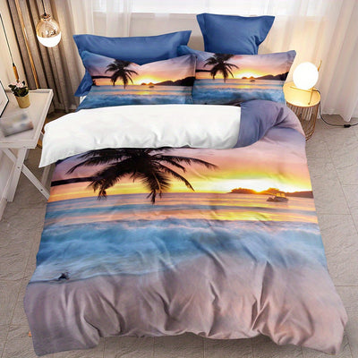 Beach Getaway: Duvet Cover Set with Vibrant Beach Scenes Print - Soft and Comfortable Bedding Set for a Relaxing Bedroom or Guest Room(1*Duvet Cover + 1/2*Pillowcases, Without Core)