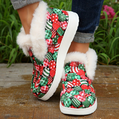 Warm and Festive: Women's Christmas Bell Print Snow Boots with Plush Lining for Winter Comfort