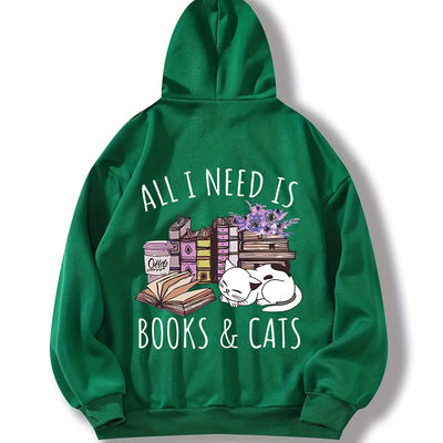 Feline Frenzy: Books & Cats Print Hoodie - Stay Cozy and Stylish this Winter/Fall with this Casual Hooded Sweatshirt for Women