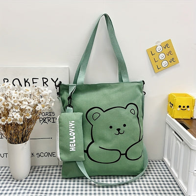 Cute Bear Adventure Crossbody Bag Set: Spacious Canvas Shoulder Bag with Little Pouch for Style and Convenience