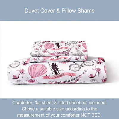 Paris Symbols: Romantic Travel Couple Duvet Cover Set for a Luxurious Hotel-Style Guest Room(1*Duvet Cover + 2*Pillowcases, Without Core)