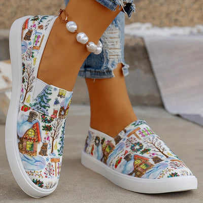 Festive Joy: Women's Christmas Style Canvas Sneakers - Casual Low Top Slip-On Flat Shoes for all Match Walking Trainers