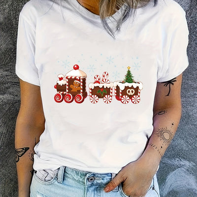 Festive Fun: Christmas Train Print T-Shirt - Celebrate in Style with this Casual Crew Neck Short Sleeve Top!