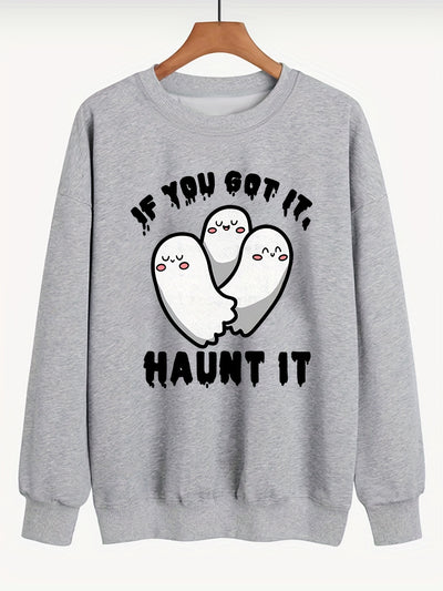 Cute Ghost Print Sweatshirt: Spooktacular Style for Plus-Size Halloween Enthusiasts