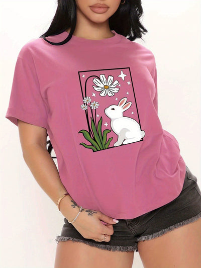 Flower Rabbit and Star Print Crew Neck Plus Size Casual T-Shirt for Women: Comfortable and Stylish!