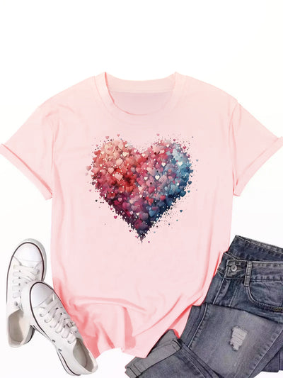 Sweetheart Style: Women's Heart Print Summer T-Shirt - Casual and Trendy Crew Neck Short Sleeve Tee