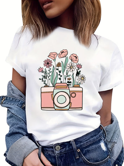 Color Flower and Camera Print Crew Neck T-Shirt: A Stylish Spring/Summer Essential for Women's Fashion