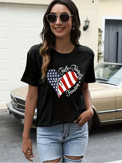 US Flag & Letter Print T-Shirt, Casual Crew Neck Short Sleeve T-Shirt For Spring & Summer, Women's Clothing