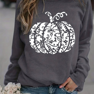 Halloween Pumpkin Pattern Sweatshirt: Spooky and Stylish Crew Neck Long Sleeve for Women