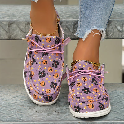 Pumpkin & Cat Pattern Print Canvas Shoes, Lightweight Low Top Halloween Shoes - Casual Lace Up Outdoor Shoes