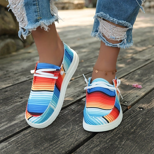These Colorful Rainbow Canvas Slip-On Loafers for Women are the perfect combination of comfort and style. Featuring a cozy canvas material and a slip-on design, these casual walking shoes are perfect for everyday wear. Show off your unique style with these stylish and comfortable loafers.