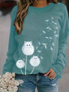 Dandelion Dream: Cute Cat Print Sweatshirt - Casual and Comfy Crew Neck Long Sleeve Top for Women