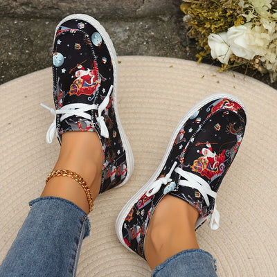 Stylish Christmas Flair: Women's Santa Claus Print Canvas Shoes – Low Top Slip-On Loafers