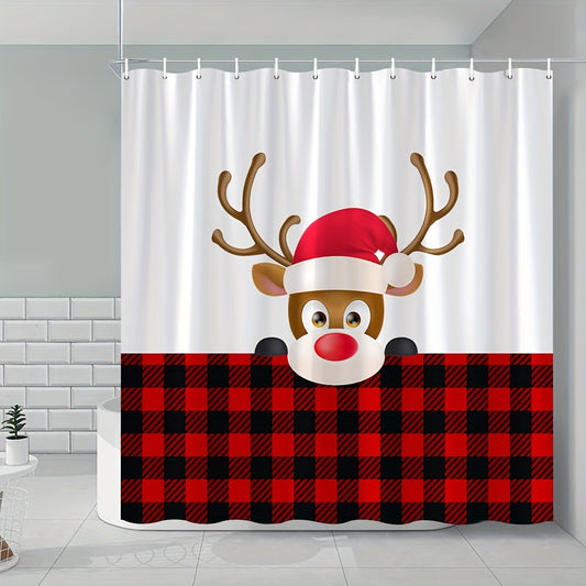 Elevate Your Bathroom Décor with a Festive Christmas Shower Curtain: Cartoon Deer, Red and Black Plaid, Polyester Fabric, Machine Washable, Includes Hooks - Perfect Bathroom and Christmas Decoration