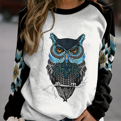 Owl Geometric Print Plus Size Casual Sweatshirt: Stylish and Cozy Plus Size Women's Clothing for Fall/Winter