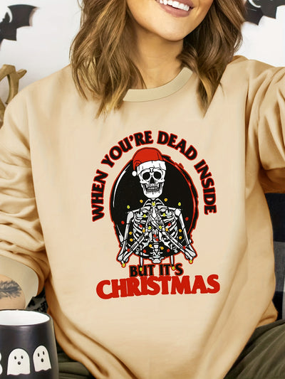 This stylish plus size sweatshirt is perfect for the holidays. With a unique skull slogan print and soft inner lining to keep you comfortable, this sweatshirt is sure to make a great addition to any holiday wardrobe.