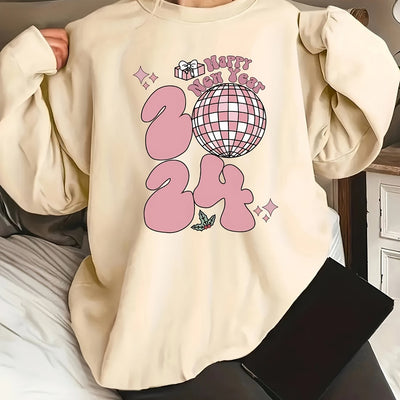 Festive and Fashionable: Happy New Year Print Sweatshirt - Women's Casual Long Sleeve Crew Neck Sweatshirt