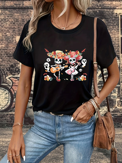 Rockin' Skulls: Women's Casual Short Sleeve T-Shirt with Halloween Guitar Pattern