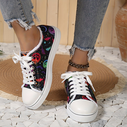 Stylish Women's Printed Canvas Shoes: Lightweight, Lace-Up Sneakers for Christmas and Halloween