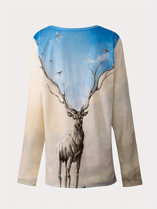 Womens' Elk Print Crew Neck Sweatshirt: Casual and Cozy for the Perfect Spring/Fall Look