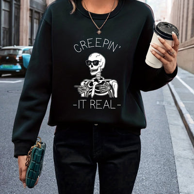 Stay Stylish and Comfy with our Plus Size Casual Sweatshirt - Women's Plus Skull with Sunglasses Letter Print