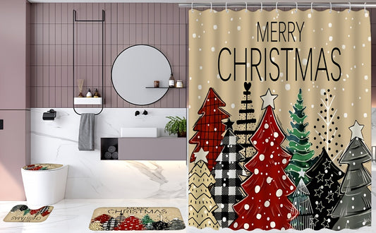 Transform your bathroom into a festive winter wonderland with our 4-piece tree bathroom set. Featuring a water-resistant curtain, non-slip rug, and toilet cover, each piece is crafted from quality materials to stay vibrant and last for years. Perfect for seasonal décor.