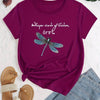 Colorful Dragonfly & Letter T-Shirt, Cute Cartoon Short Sleeve Crew Neck Shirt, Casual Every Day Tops, Women's Clothing