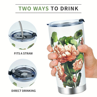 20oz Lotus Stainless Steel Car Cup: Stylish 3D Printing Pattern, Vacuum Insulation, with Straw and Lid